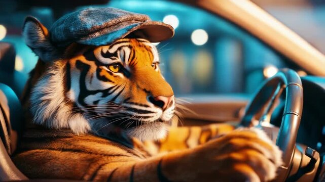 Tiger animal driving car. Creative concept of wild animal driving vehicle. Humorous and whimsical representation of unexpected behavior.