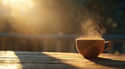 Warm sunrise light on steaming morning coffee cup scene