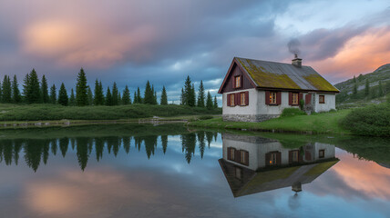Fototapeta premium Serene mountain cabin reflects in tranquil lake at dusk, evoking peace and isolation.