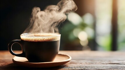 Warm sunrise light on steaming morning of black  coffee cup scene