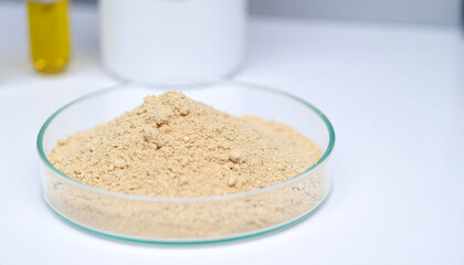 Powdered yeast extract in laboratory glassware. Culinary science and fermentation research,