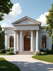 Fototapeta premium White classical building with columns and pediment surrounded by greenery and a stone pathway.
