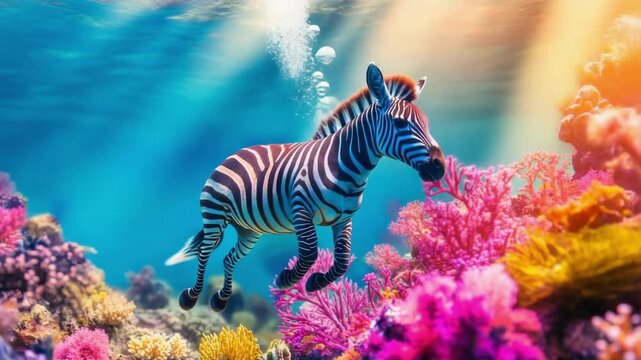 Surreal scene with a zebra swimming underwater among colorful coral reef. Fantasy animal in ocean concept for unique nature and vibrant marine life illustration.