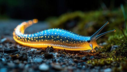 Glowing Slug on Forest Floor  Macro with Nature, Closeup, and Wildlife.