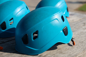 Blue plastic helmet, fall protection, impact protection, climbing, safety, helmet, head protection