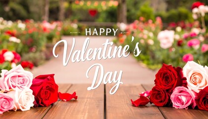 A bouquet of vibrant red, pink, and white roses rests on a wooden surface, positioned against a background of colorful flowers, conveying a festive Valentine's Day theme.