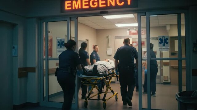 Emergency room arrival: paramedics swiftly transport patient to hospital care