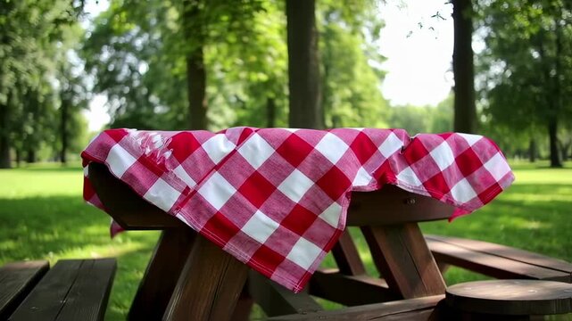 Picnic Table with Red Gingham Cloth in Sunny Park Setting - Outdoor Leisure