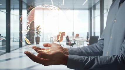 Digital holographic globe projection in businessman hands. Virtual world technology concept for global business, international networking, and futuristic corporate innovation solutions. - Powered by Adobe