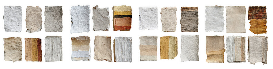 A collection of various textured and aged paper and material samples, isolated on a transparent background