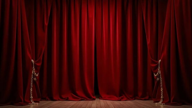 Dramatic red velvet theater curtains part to reveal an empty stage with polished wooden floor, promising a captivating performance.