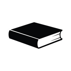 black vector silhouette of a closed hardcover book lying flat, visible spine and cover edges, simple bold shape with clean lines, flat vector style, centered on white background