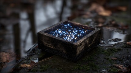 Glowing wooden Blue box on riverbank surreal fantasy concept