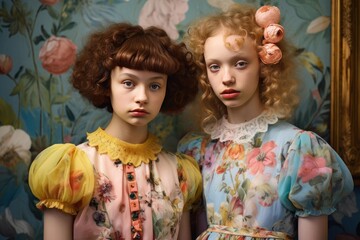 Two girls wearing floral dresses posing together in front of a floral wallpaper
