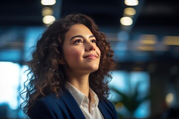 Portrait of a young businesswoman smiling and looking up in a modern office at night