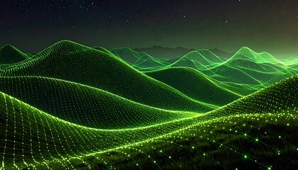 A digital rendering of rolling hills under a starlit night sky, illuminated by glowing green light.