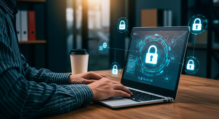 Man working on laptop with cyber security icons. Concept of data protection and digital network security