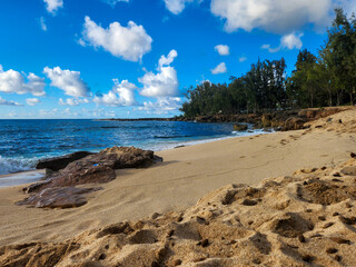sand beach and blue sky in Hawaii Honolulu beach Waimea point, kalahopele gulch, Three Tables Beach