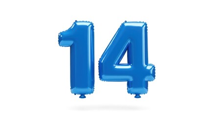 Vibrant Blue Number 14 Foil Balloons Floating with Glossy Highlights on White