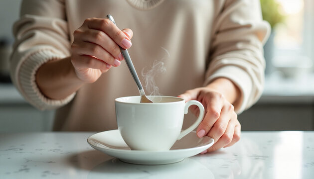 Woman stirring hot beverage in white cup on kitchen countertop  
