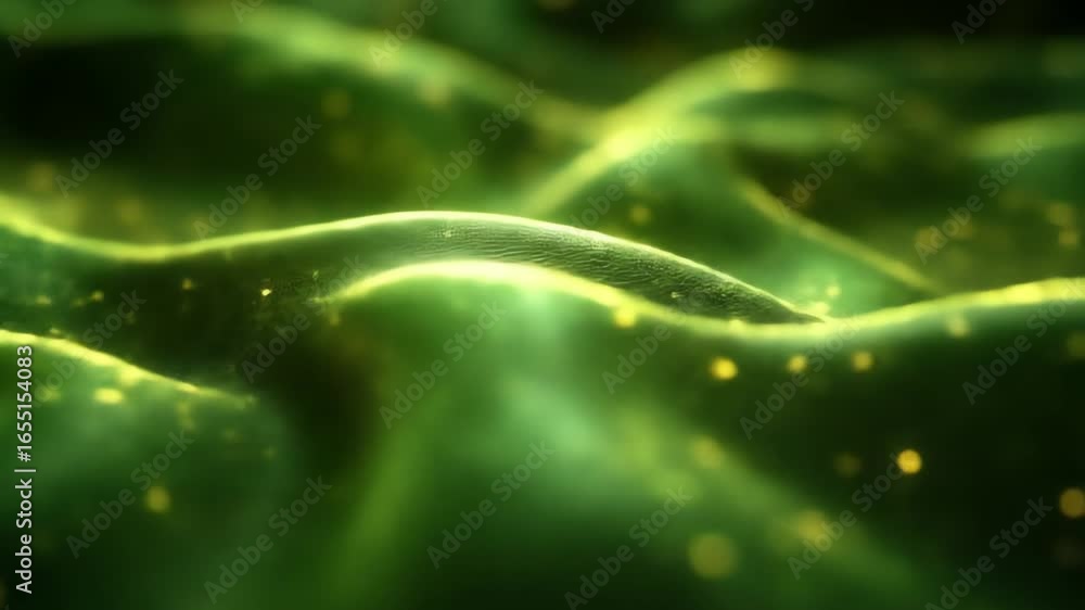 Poster undulating green fabric with subtle yellow sparkles creating a fluid abstract landscape with varying