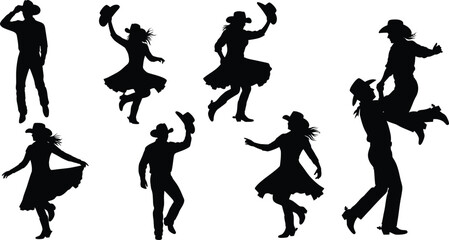 Vector art of cowboy and cowgirl silhouettes dancing