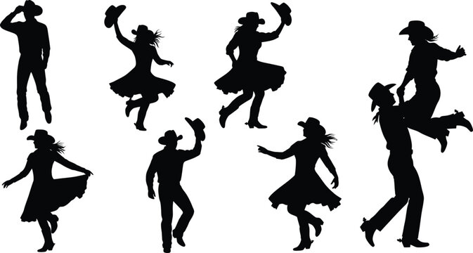 Vector art of cowboy and cowgirl silhouettes dancing