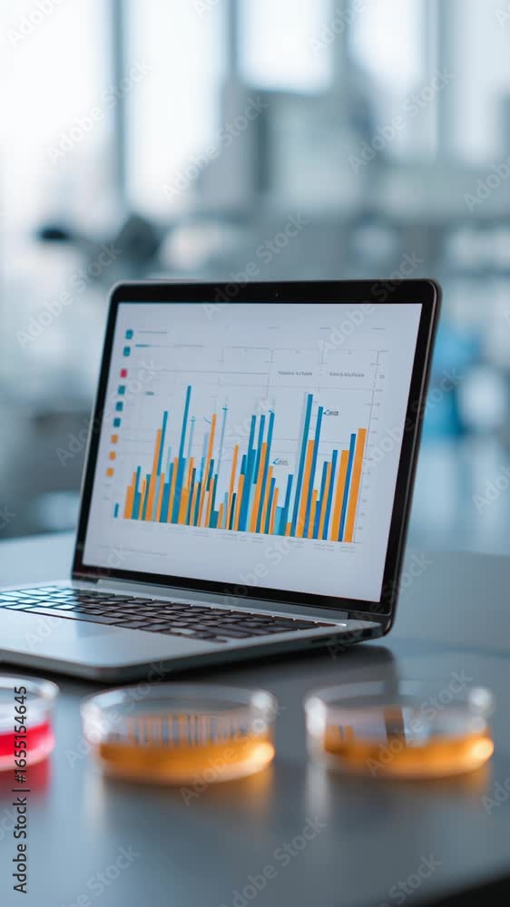 Poster colorful graphs and statistics data analysis software on laptop in laboratory showcasing research tr