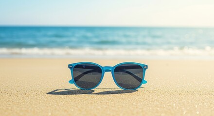 Bright Blue Sunglasses on Golden Sand with a Serene Ocean Backdrop