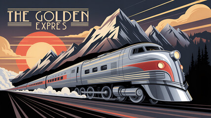 Luxury train journey through stunning mountains at sunset for ultimate travel adventure poster design