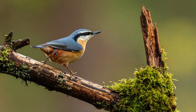 A nuthatch perches gracefully on a weathered branch, showcasing its vibrant plumage against a soft, out-of-focus background.
