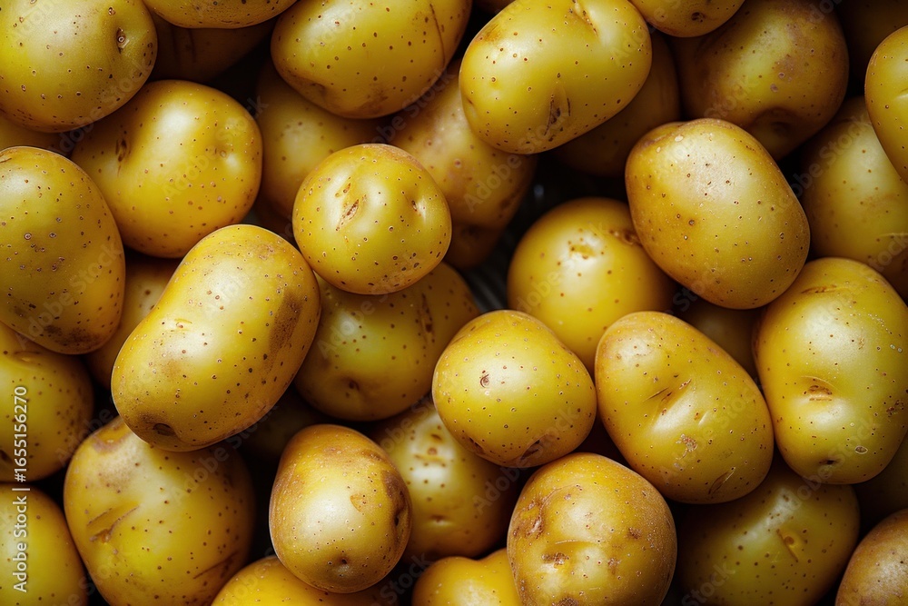 Poster close up view of numerous yellow potatoes creating a visually appealing background, emphasizing the 