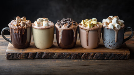 Indulgent hot chocolate cups piled high with fluffy marshmallows and chocolate chips