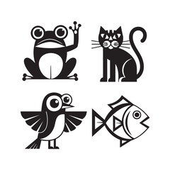Vector art of a collection of four cartoon animals, including a frog, cat, bird, and fish, all rendered in a simple, graphic style