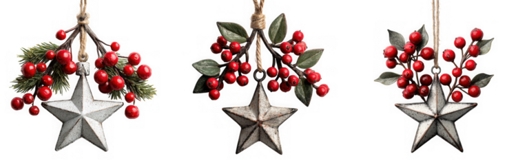 Three rustic country style christmas star ornaments with red berries and pine branches, isolated on transparent background