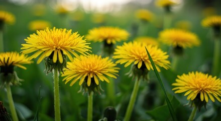 Golden Dandelions Flourishing in a Lush Meadow with a Soft, Dreamy Bokeh Background.