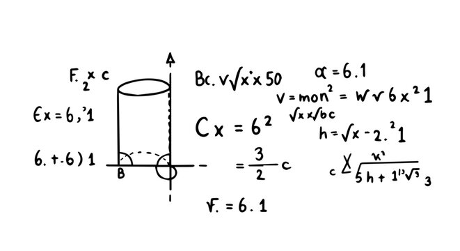 Handdrawn black ink sketch of a cylinder diagram and complex mathematical equations and formulas.