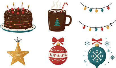 Festive collection: cake, hot chocolate, lights, and ornaments on transparent background