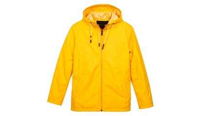 A vibrant yellow hooded jacket stands out against a plain white background.