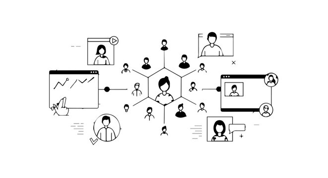 Handdrawn infographic of a digital social network showing interconnected user profiles charts and video calls.