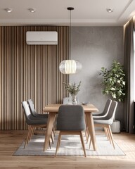 Modern dining room with light wood, gray chairs