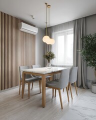Modern dining room with light gray walls, light wood accents, and a white marble table
