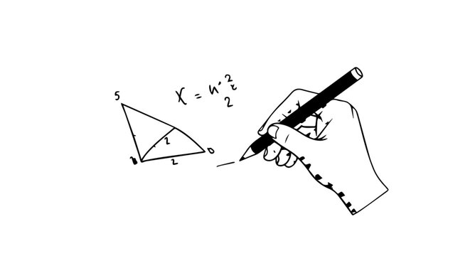 Handdrawn sketch of a hand holding a pen solving a geometry problem with a triangle and formula.