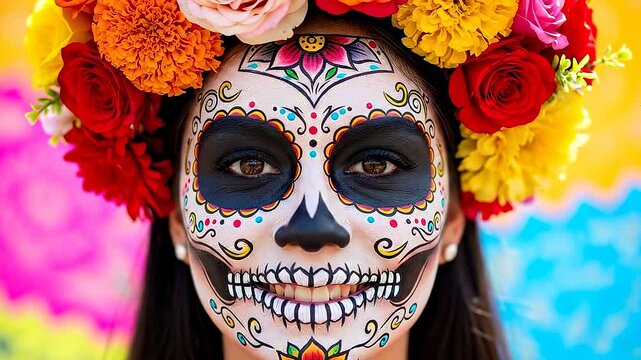 A woman with intricate sugar skull makeup and a vibrant floral headdress, celebrating Day of the Dead traditions.