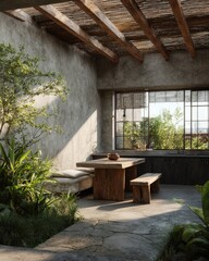 Rustic indoor-outdoor dining area with wooden beams and greenery