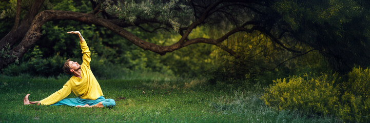 Yoga Pose in Nature - Wide Banner with Copy Space