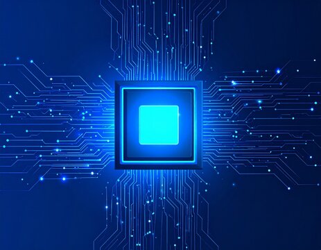 Glowing Microchip on a Blue Circuit Board Background for Technology and Innovation