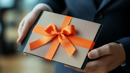 Employee receiving award folder tied with ribbon