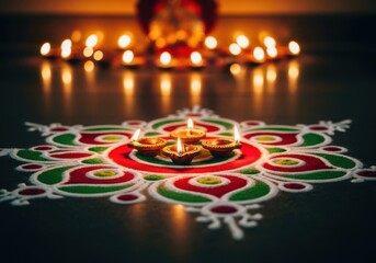 Beautifully lit diyas arranged on a colorful rangoli during diwali, a festival of lights and joy