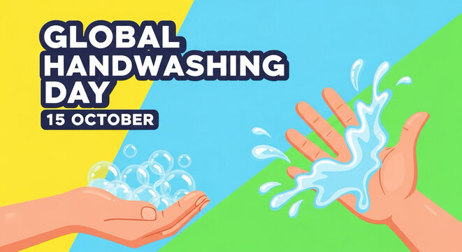 Cartoon hands with soap bubbles and water splashes, colorful background with bold typography “Global Handwashing Day – 15 October”.